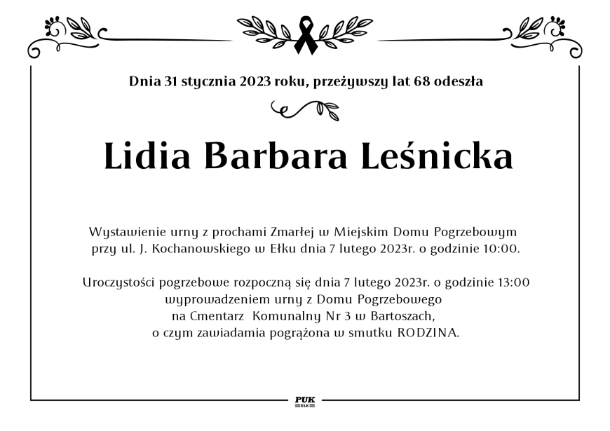 Lidia Barbara Leśnicka - nekrolog